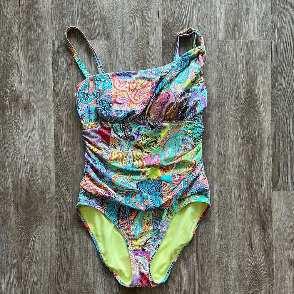 Bleu Rod Beattie Multi Color Paisley Shirred One Shoulder‎ One Piece Swimsuit 10